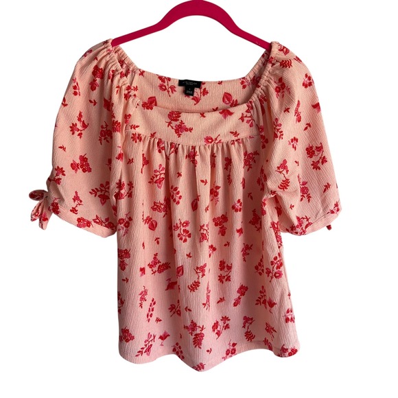 ANN TAYLOR Factory Pink Floral Short Sleeve Peasant Bohemian Blouse, S - Picture 1 of 5